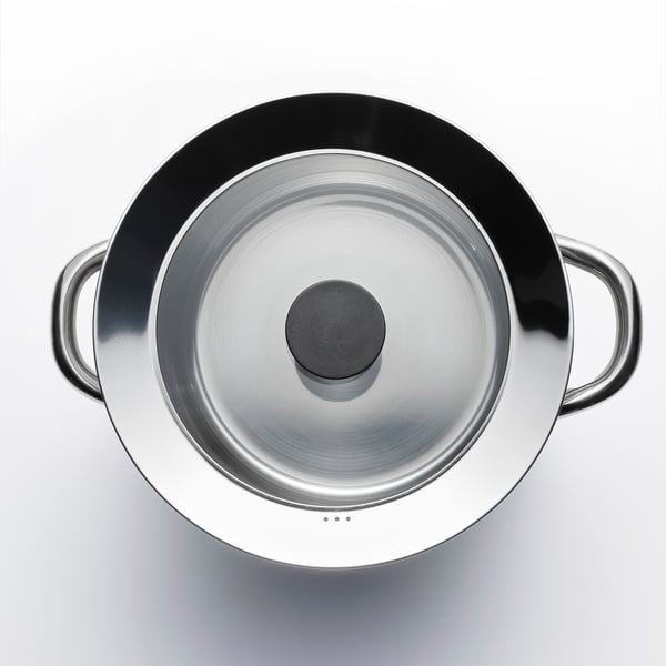 Stainless steel pots with glass lids & handles, assorted sizes.