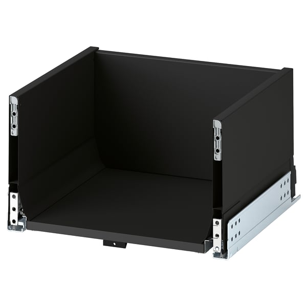 Black drawer, metal slides, soft-close.