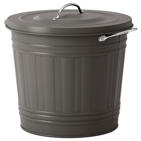 A KNODD grey metal bin with a lid and handle, designed for waste or storage.