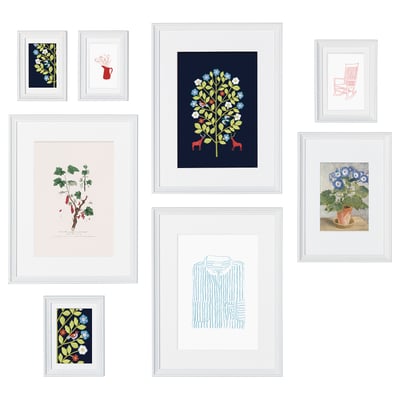 KNOPPÄNG frame set with various floral and abstract art prints in white, featuring diverse designs and motifs.