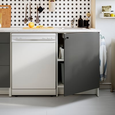 Small kitchen with dishwasher in base cabinet, grey and white design.
