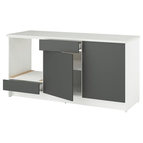 KNOXHULT kitchen units: white and grey base, two drawers, two cabinets, marble effect top.