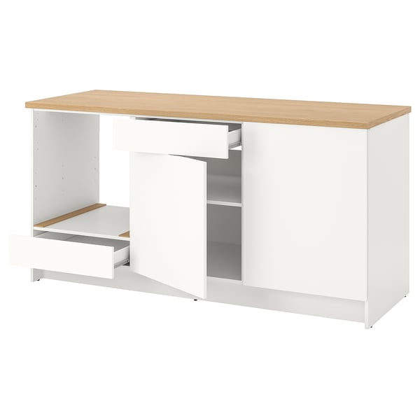 KNOXHULT modular kitchen unit: white, oak top, open shelf, closed cabinet, drawer.