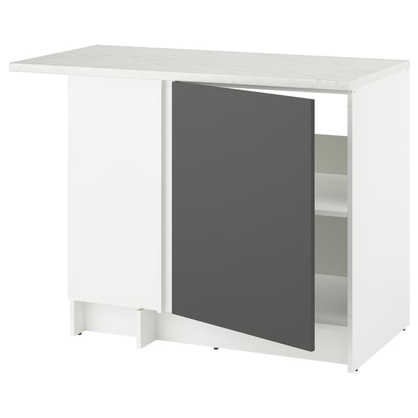 KNOXHULT kitchen island, white marble top, dark grey cabinet, square shape, modern design.