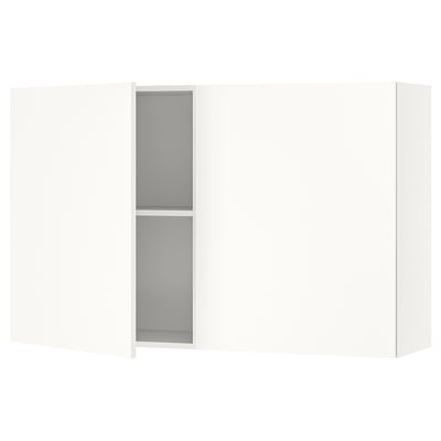 White KNOXHULT wall kitchen cabinet, rectangular, with two glass shelves.