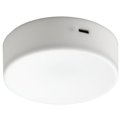 A KÖLVATTEN white, circular ceiling light with a usb-c charging port, designed for closets or cabinets.