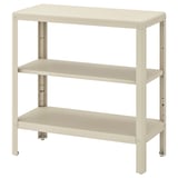 A KOLBJÖRN beige metal shelving unit with three adjustable, rectangular shelves. It has a sturdy design for versatile storage.