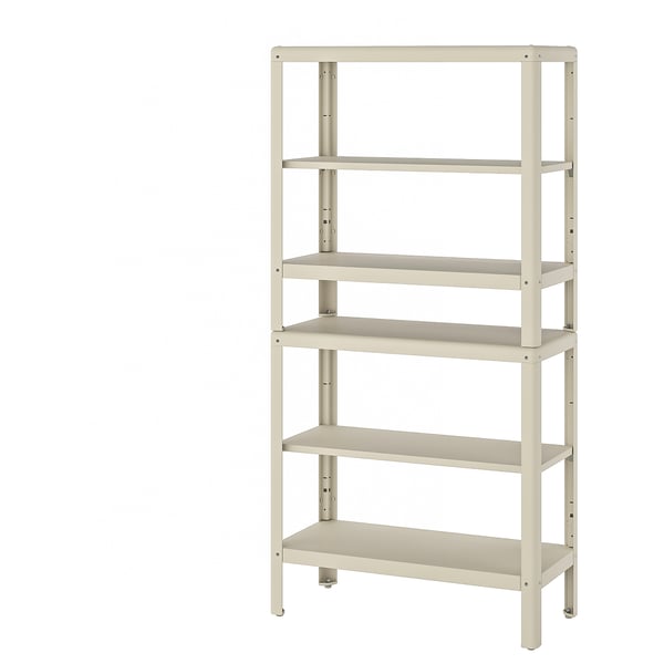 KOLBJÖRN beige metal shelving unit with 5 adjustable shelves for indoor/outdoor use.