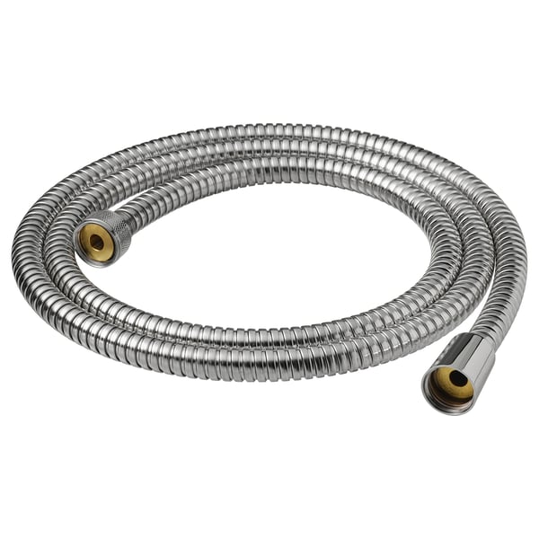 A chrome-colored KOLSJÖN shower hose, featuring stainless steel and brass fittings, coiled for storage.