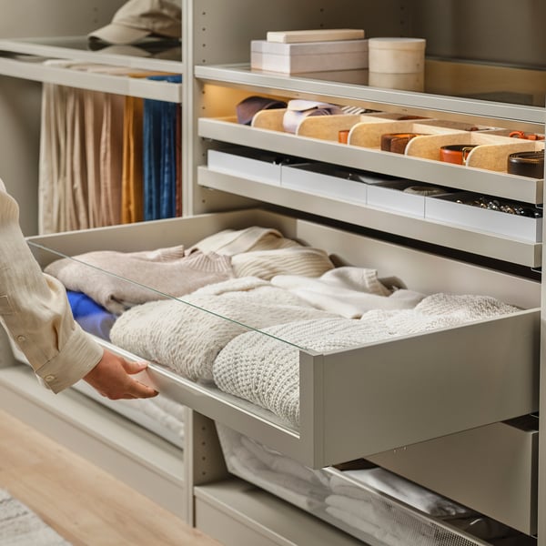 KOMPLEMENT Drawer with glass front, grey-beige, 100x58 cm