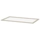 An ikea KOMPLEMENT glass shelf, clear and rectangular, framed in light beige. Its made of fibreboard and tempered glass, designed for pax wardrobes.