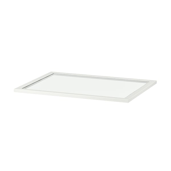 An ikea KOMPLEMENT glass shelf, transparent, rectangular, with a white border.