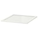 A white KOMPLEMENT glass shelf by IKEA. Its rectangular, with a flat, transparent glass surface framed in white.