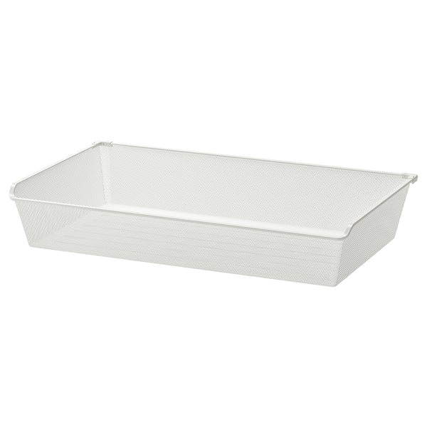 A white KOMPLEMENT mesh storage basket made of steel with a rectangular shape and transparent design.