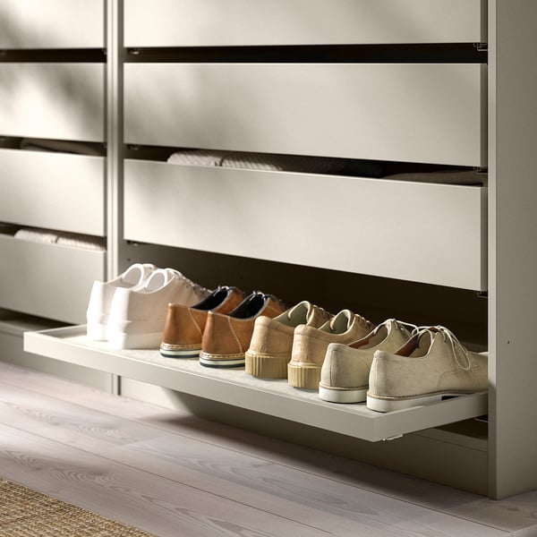 KOMPLEMENT pull-out shoe tray, light beige, fiberboard, semi-matte paper foil, rectangular design.