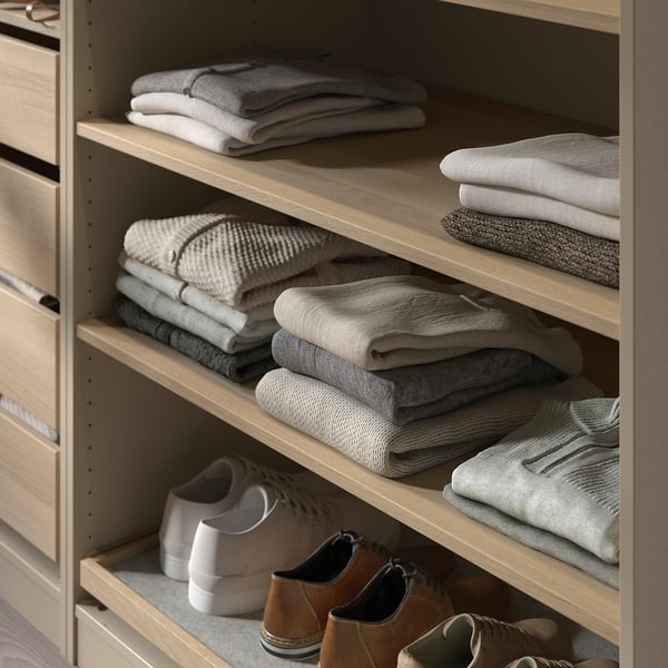 KOMPLEMENT shelf: light brown, adjustable, organises clothes in pax wardrobe.