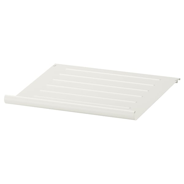 A white KOMPLEMENT shoe shelf, made of steel with a powder-coated finish, slanted for easy access and display.