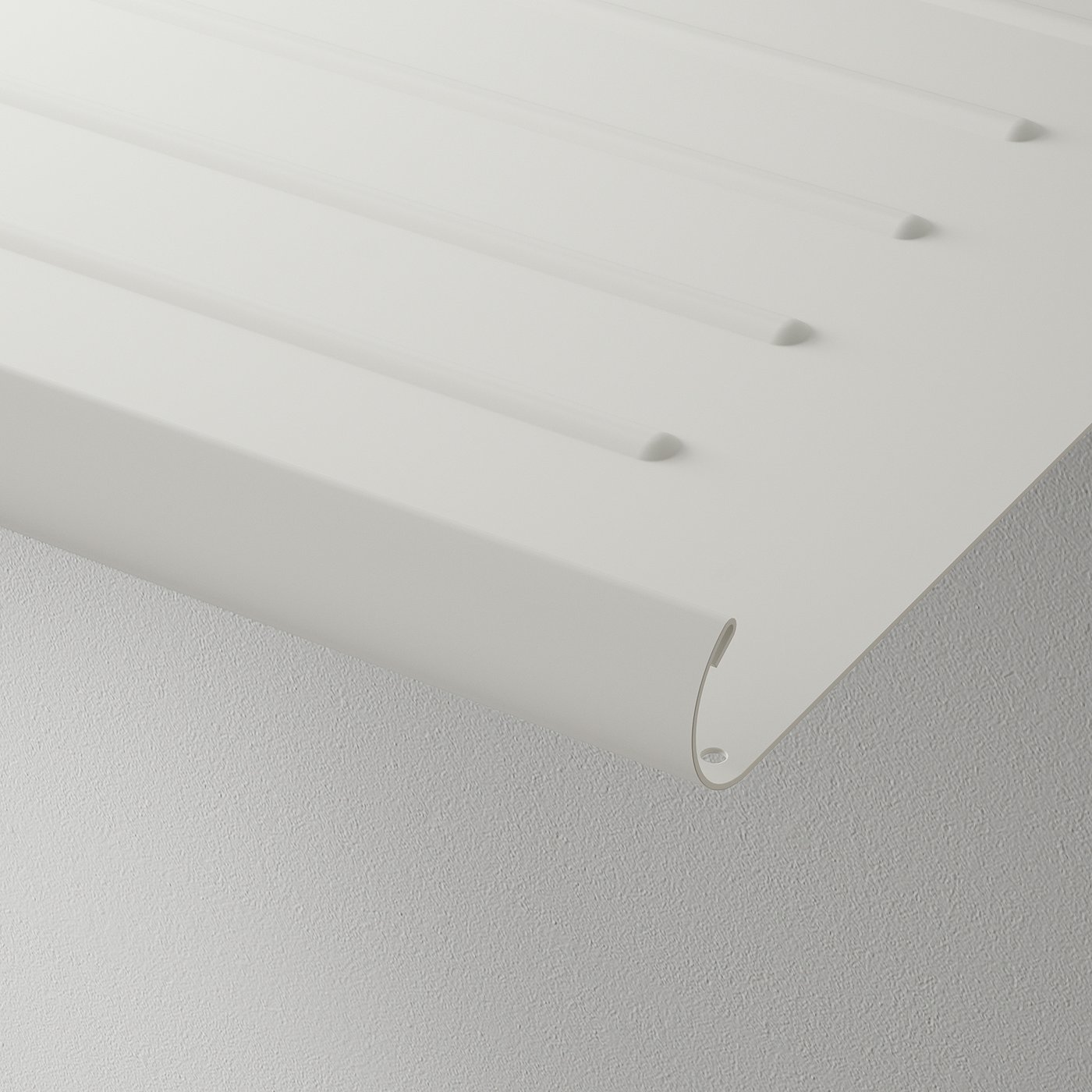 Sleek white metal shelf with slight curve and evenly spaced slots, showcasing quality design and sturdy build.