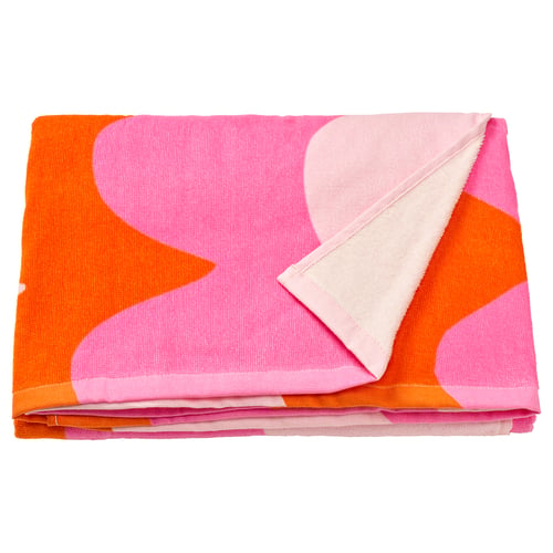 KONBJÖRNBÄR towel, pink & orange, folded, cotton, abstract shapes.