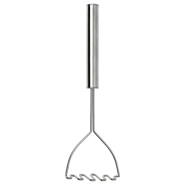 KONCIS silver potato masher; stainless steel; long handle; wire mashing head.