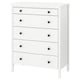 A white KOPPANG chest of drawers with five drawers and black knobs, made of particleboard and acrylic paint, designed for bedroom storage.