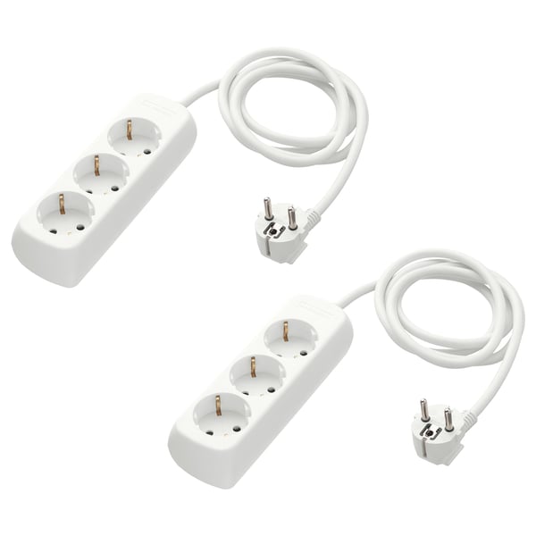 Two white KOPPLA power strips, each with three earthed sockets, linked by long white cables and plugs.