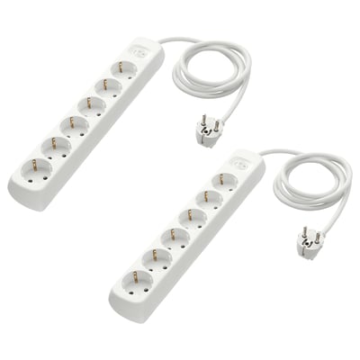 Two white KOPPLA power strips with 6 sockets each, cable wrapped, plastic material.