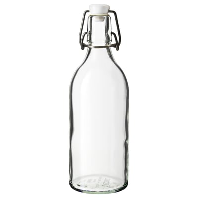 KORKEN glass bottle, clear with white lid, stainless steel wire closure, cylindrical shape, airtight seal.