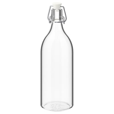 KORKEN: clear glass bottle with silver wire clamp and white stopper.