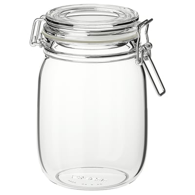 KORKEN clear glass jar with metal clasp and seal.