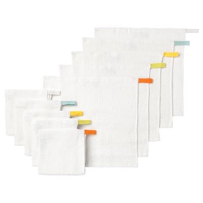 Six white cotton washcloths fanned out, each with colourful tags in blue, yellow, orange, and white.