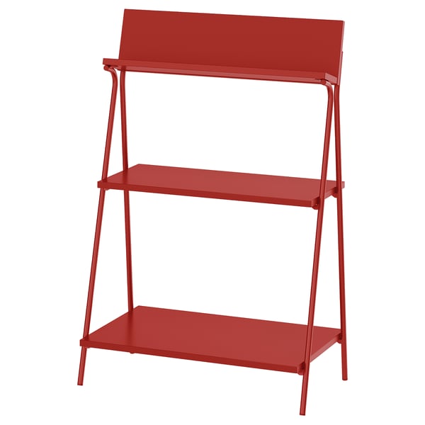 Red KRÖNIKÖR bookshelf with 3 shelves, modern angular design.