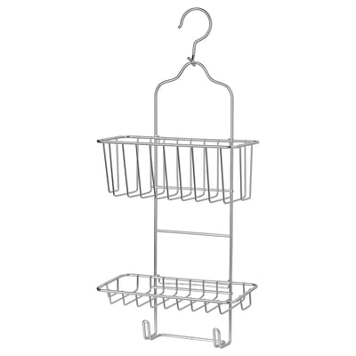 Metal shower caddy with 2 shelves and hooks, shiny finish.