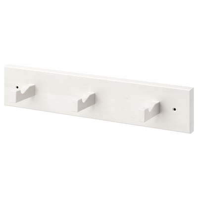 A white KUBBIS coat hook rack with three wooden hooks evenly spaced along a rectangular base.