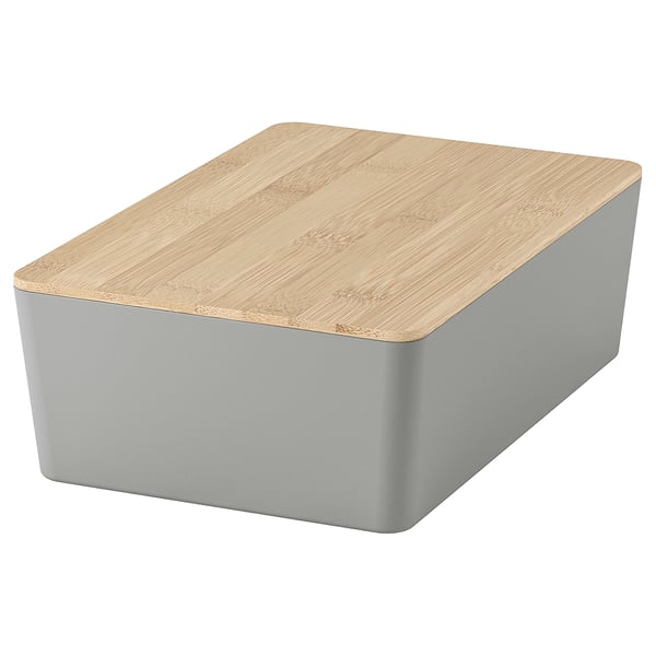 KUGGIS box: grey, rectangular, wooden lid, plastic base, simple design.