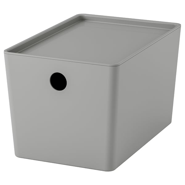 Gray KUGGIS recycling storage box, rectangular, circular handle, organizes desk items.