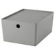 A grey KUGGIS storage box made of recycled pet plastic. Its rectangular, with a lid for dust protection, suitable for various items.