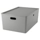 A gray KUGGIS storage box with handles made of recycled pet plastic, rectangular shape, and lid.