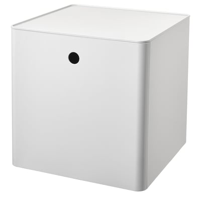 A white KUGGIS storage box with a lid and a circular handle on one side. Its cubic and made of recycled pet plastic, designed for versatile storage.