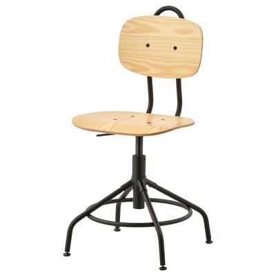 KULLABERG chair, light wood seat & back, black metal base, adjustable height, swivel, industrial design.