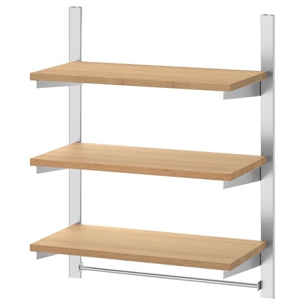 The KUNGSFORS wall-mounted shelf with three wooden shelves and stainless steel supports.
