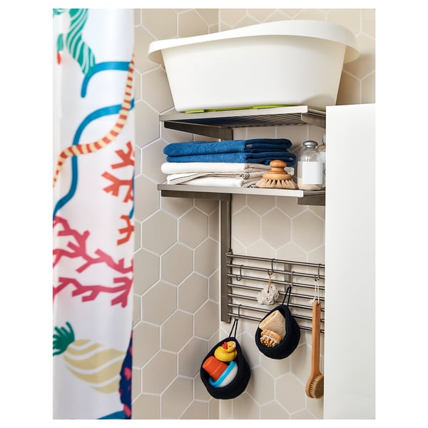 Bathroom storage shelf KUNGSFORS, stainless steel, multiple levels, holds towels, tools.