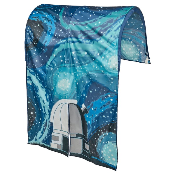 Starry bed tent for kids, blue & black, dome-shaped, space theme.