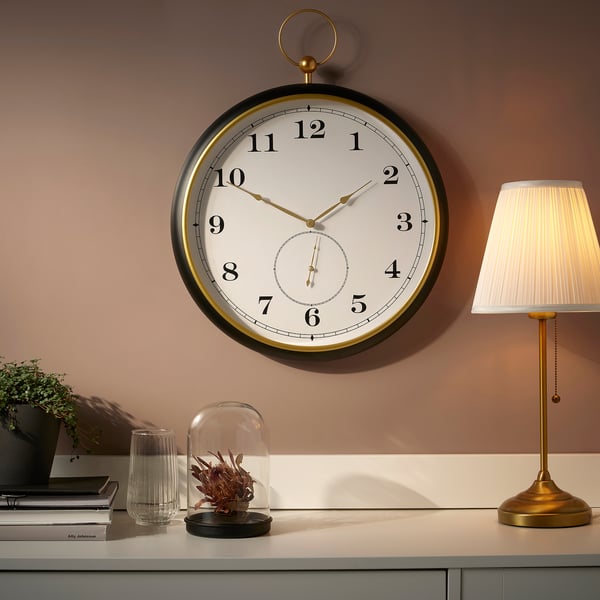 Vintage pocket watch-style wall clock with black & gold details, silent quartz movement.