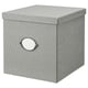 KVARNVIK grey fabric storage box with lid and metal handle.