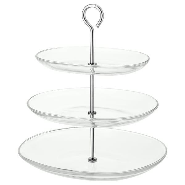 KVITTERA 3-tier glass serving stand, modern design, clear colour, stainless steel handle, round plates.