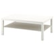 White LACK coffee table, square, minimalist with clear top and bottom shelf.