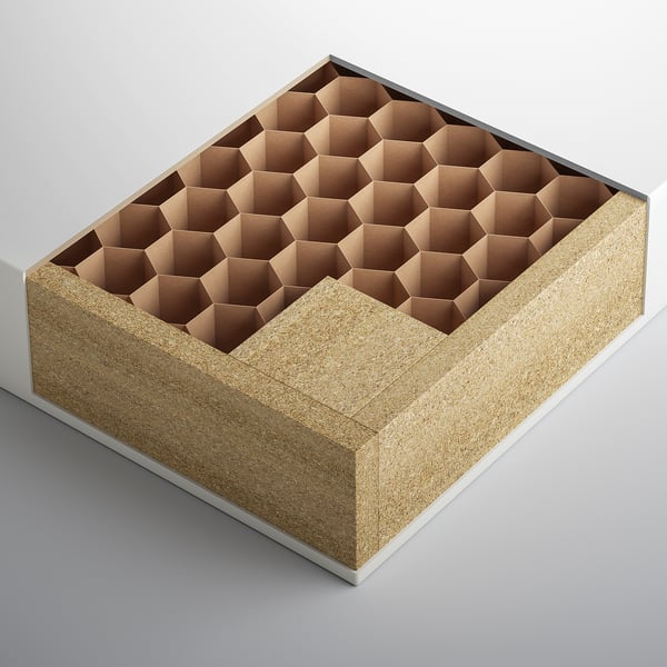This image shows a modern storage box with a honeycomb paper filling inside and composite materials like fiberboard, acrylic paint, and particleboard.