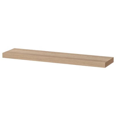 An IKEA LACK wall shelf in white/oak, rectangular, sleek design with hidden brackets.