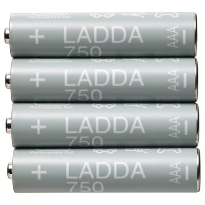 Four grey LADDA 750 rechargeable batteries stacked neatly, cylindrical shape, metallic top, white text.
